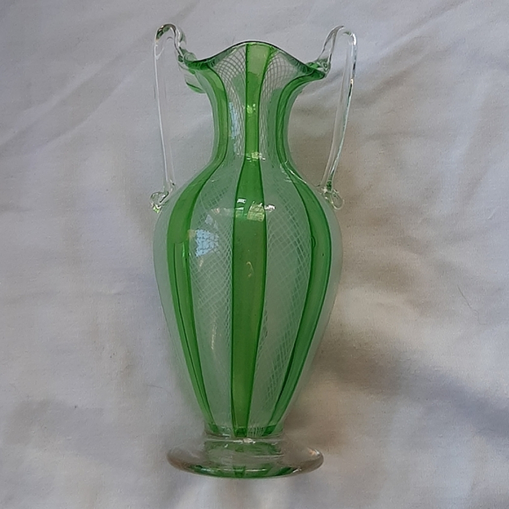Green and White Murano Canne Vase